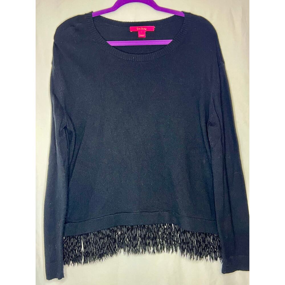 Lily Pulitzer Marguerite Black Cashmere Blend Fringe Sweater Size L